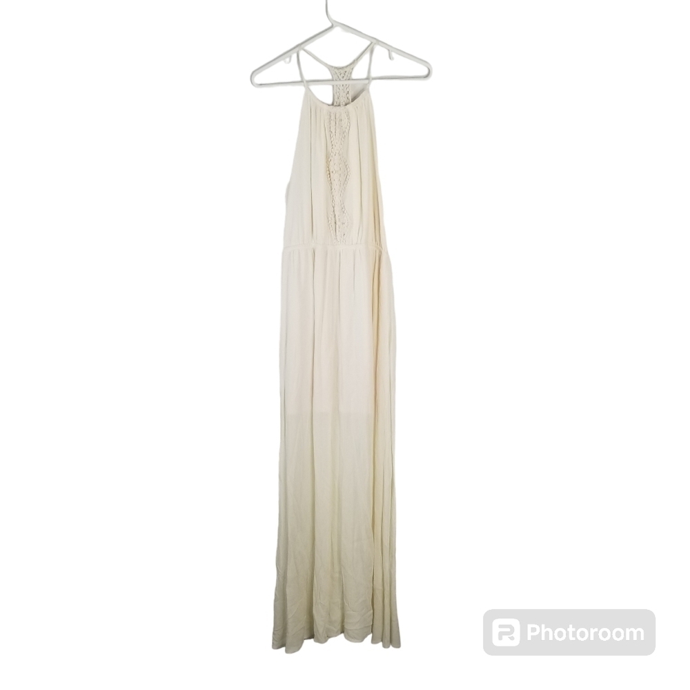 NWT Living Doll High Neck Crochet Racerback Maxi Dress Size L Sheer Gauze Boho